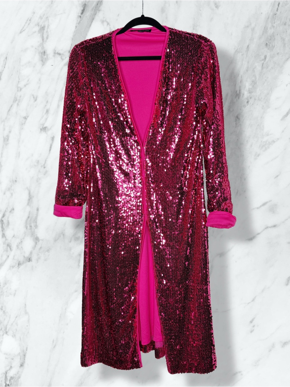 BOSTON PROPER 💕 Long Sleeve Sequin Cardigan Sweater Hot Pink Front Clasp Closure